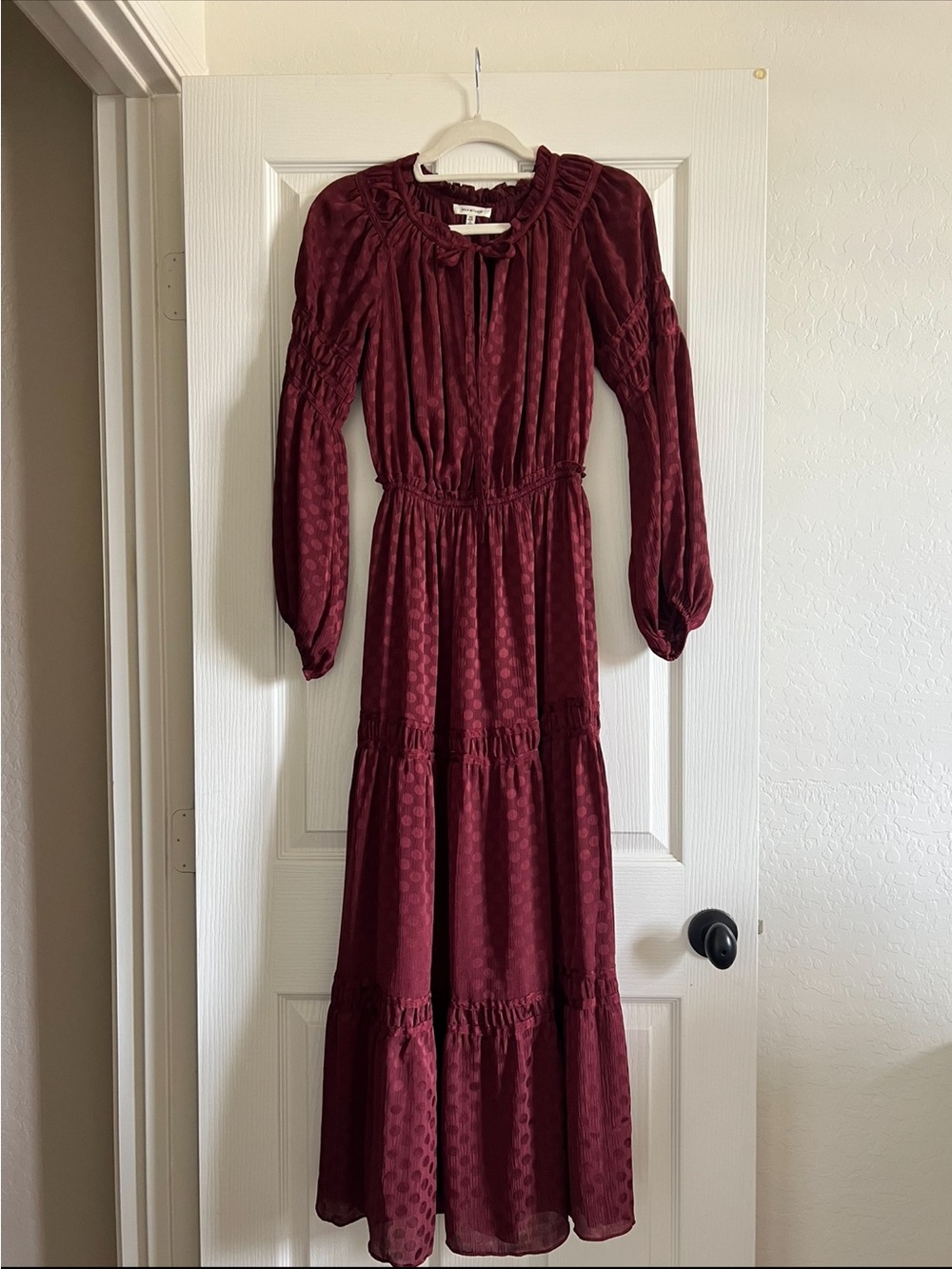 Max Studio Burgundy Tie-Neck Smocked Waist Tiered Maxi Dress - Picture 2 of 3